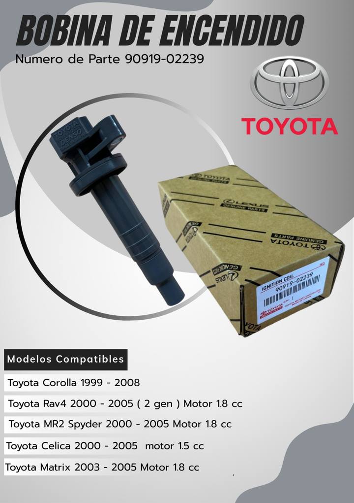 Bobina de encendido 90919-02239 para Toyota Corolla 1999–2008, Toyota RAV4 2000–2005 (2.ª generación, motor 1.8), Toyota MR2 Spyder 2000–2005 (motor 1.8) y Toyota Celica 2000–2005 (motor 1.5) y más