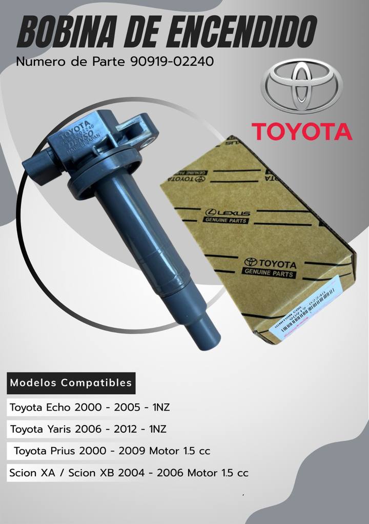 Bobina de encendido 90919-02240 para Toyota Echo 2000–2005 (1NZ), Toyota Yaris 2006–2012 (1NZ), Toyota Prius 2000–2009 (motor 1.5) y Scion xA / xB 2004–2006 (motor 1.5)