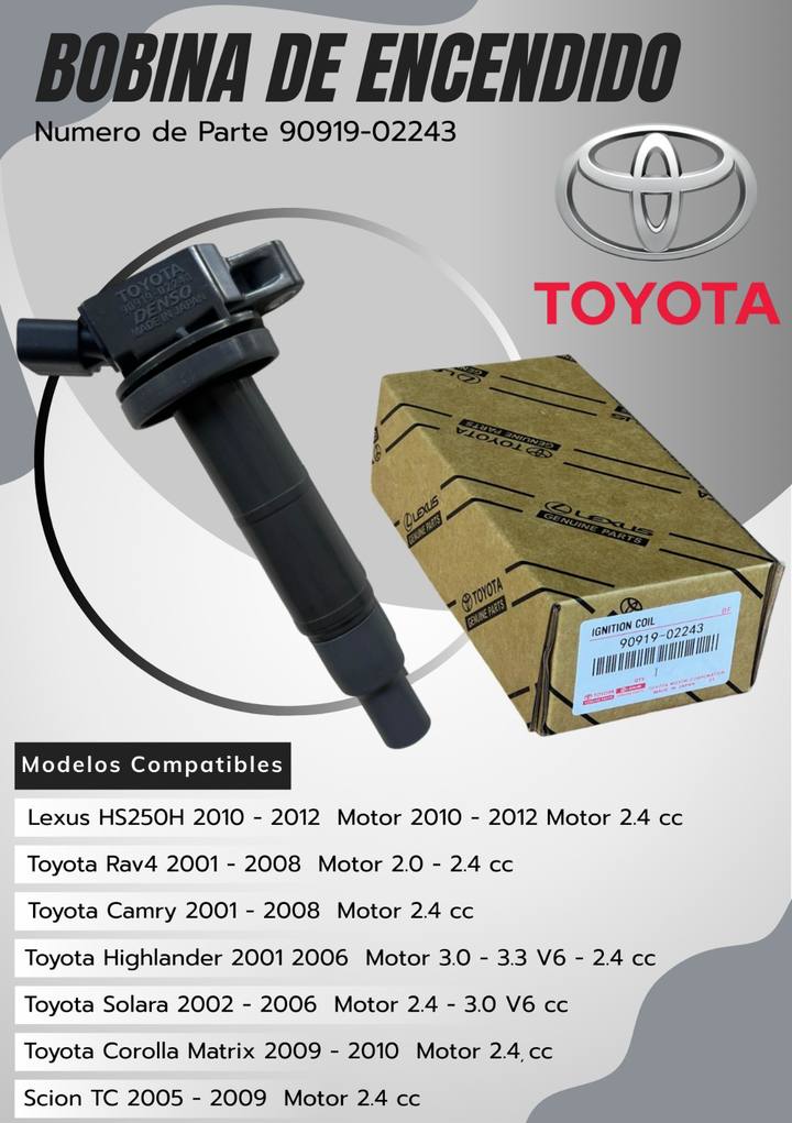Bobina de encendido 90919-02243 para Lexus HS250h 2010–2012 (motor 2.4), Toyota RAV4 2001–2008 (motor 2.0–2.4), Toyota Camry 2001–2008 (motor 2.4) y Toyota Highlander 2001–2006 (motor 2.4, 3.0 y 3.3 V6) y más