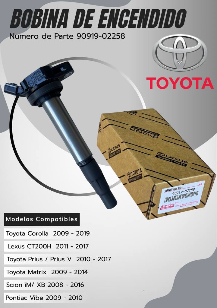 Bobina de encendido 90919-02258 para Toyota Corolla 2009–2019, Lexus CT200h 2011–2017, Toyota Prius / Prius V 2010–2017 y Toyota Matrix 2009–2014 y más